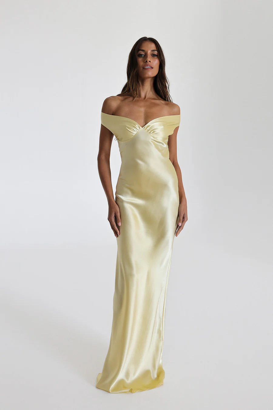 Off-Shoulder Satin Maxi-Length Dress