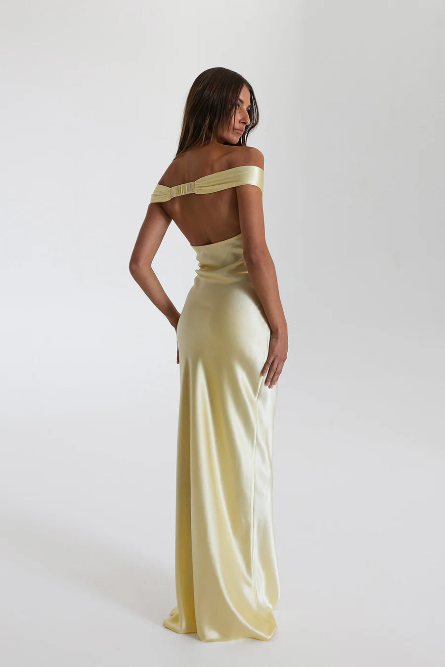 Off-Shoulder Satin Maxi-Length Dress