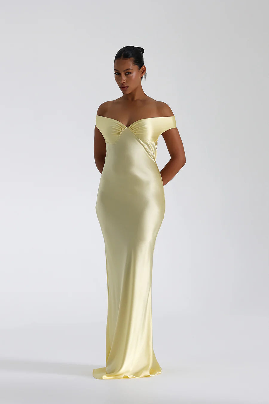 Off-Shoulder Satin Maxi-Length Dress