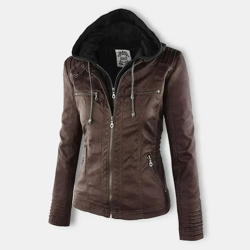 Elegant Leather Biker Jacket with Hood