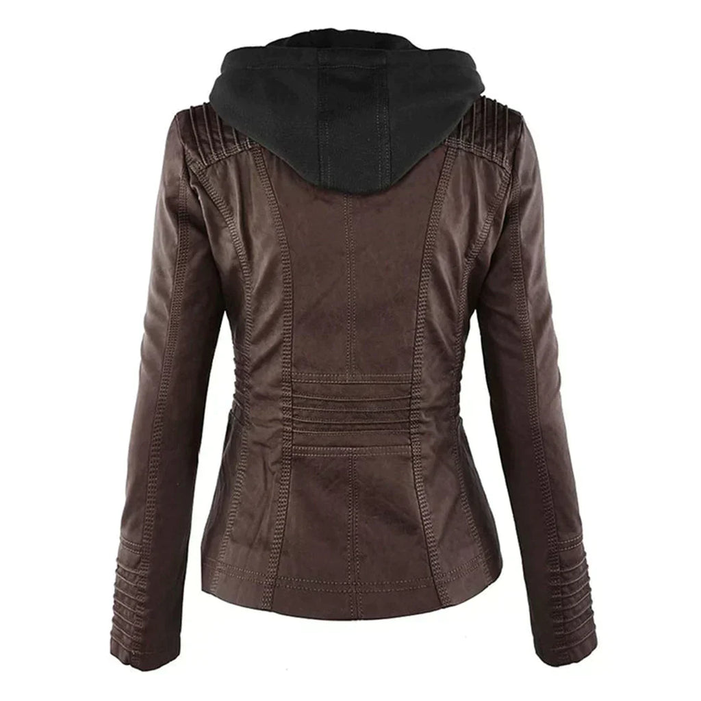 Elegant Leather Biker Jacket with Hood