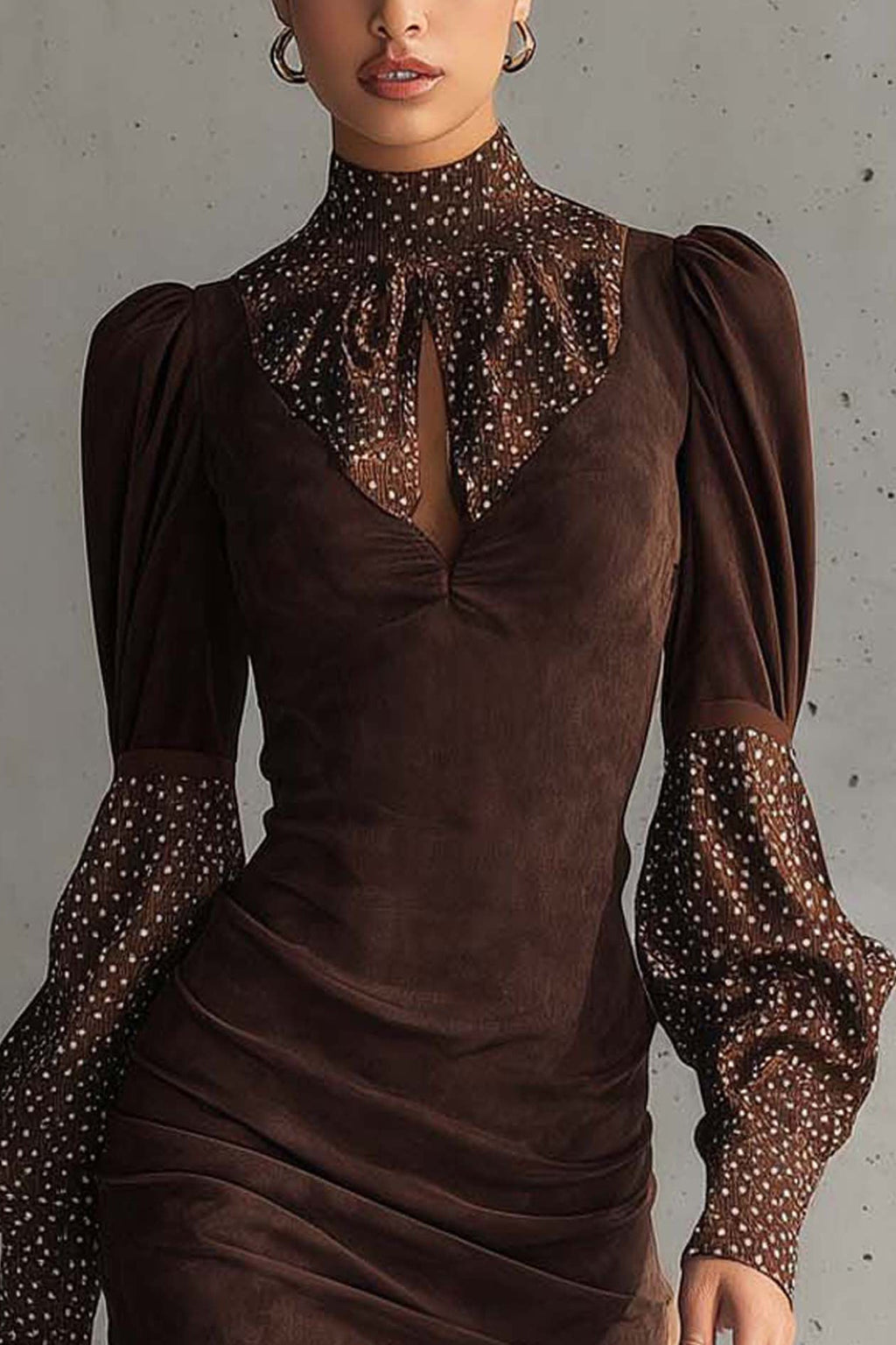 Brown Faux Suede Fitted Dress With Satin Polka Dots