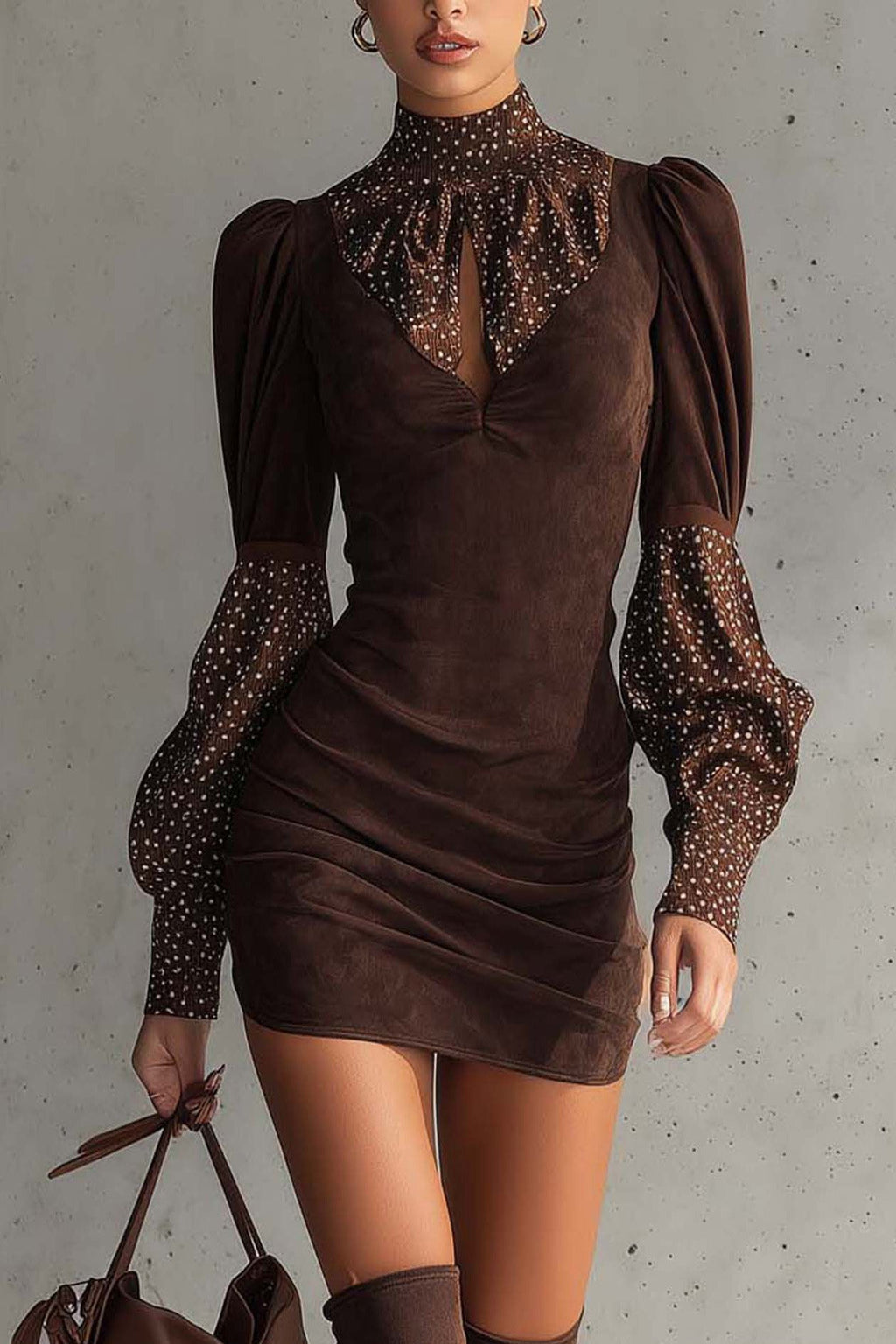 Brown Faux Suede Fitted Dress With Satin Polka Dots