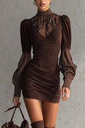 Brown Faux Suede Fitted Dress With Satin Polka Dots
