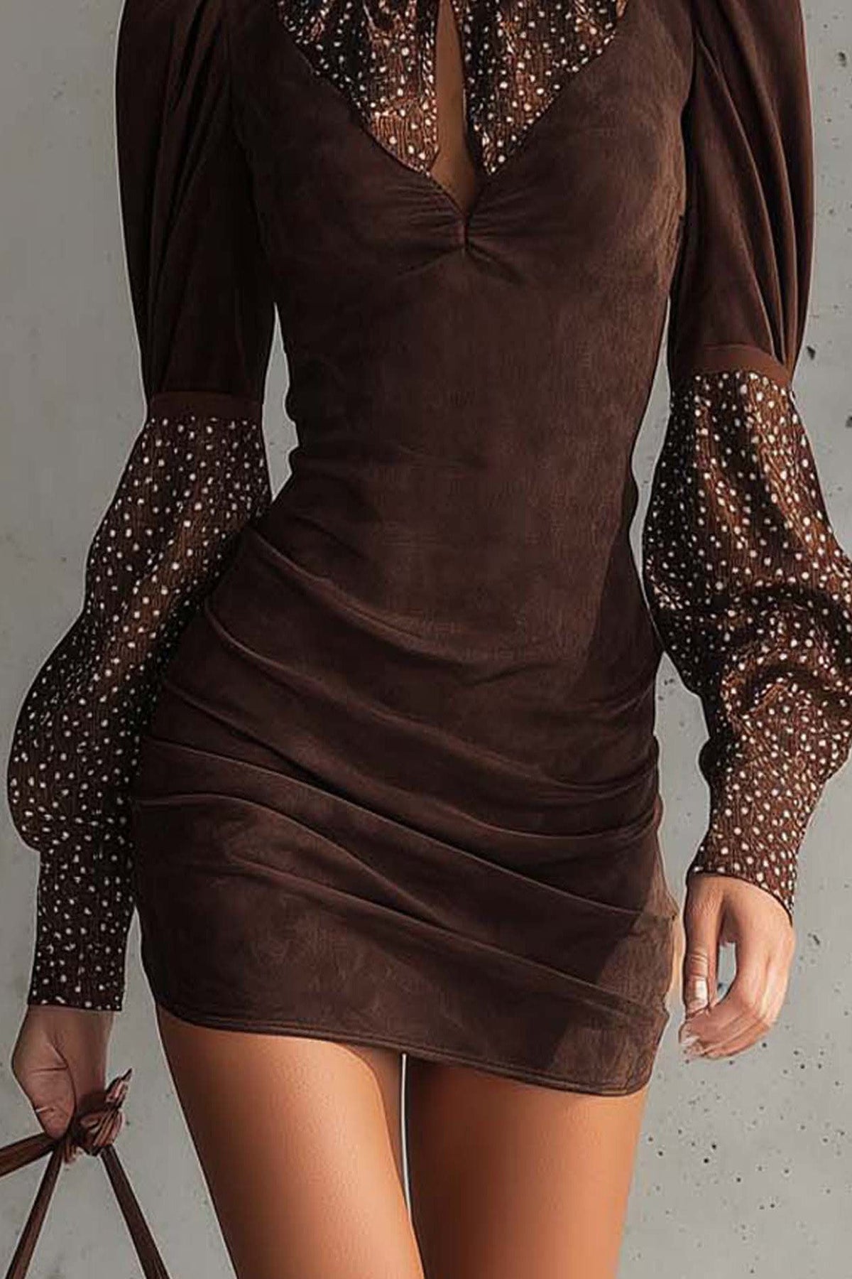 Brown Faux Suede Fitted Dress With Satin Polka Dots
