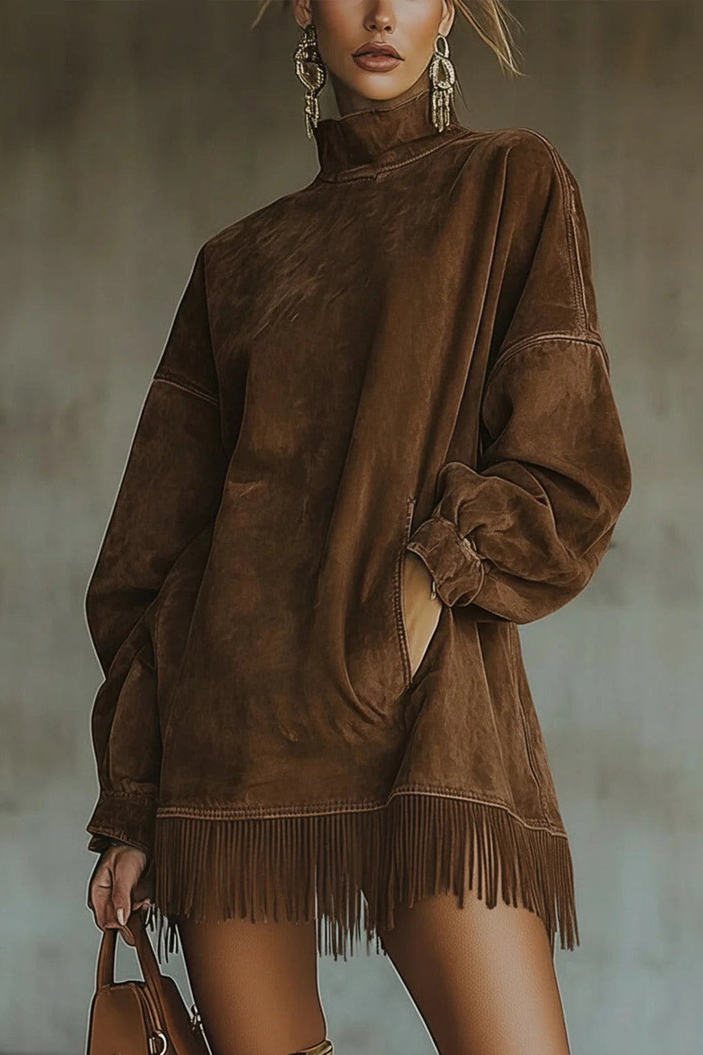 Modern Faux Suede Turtleneck Dress With Fringe Hem