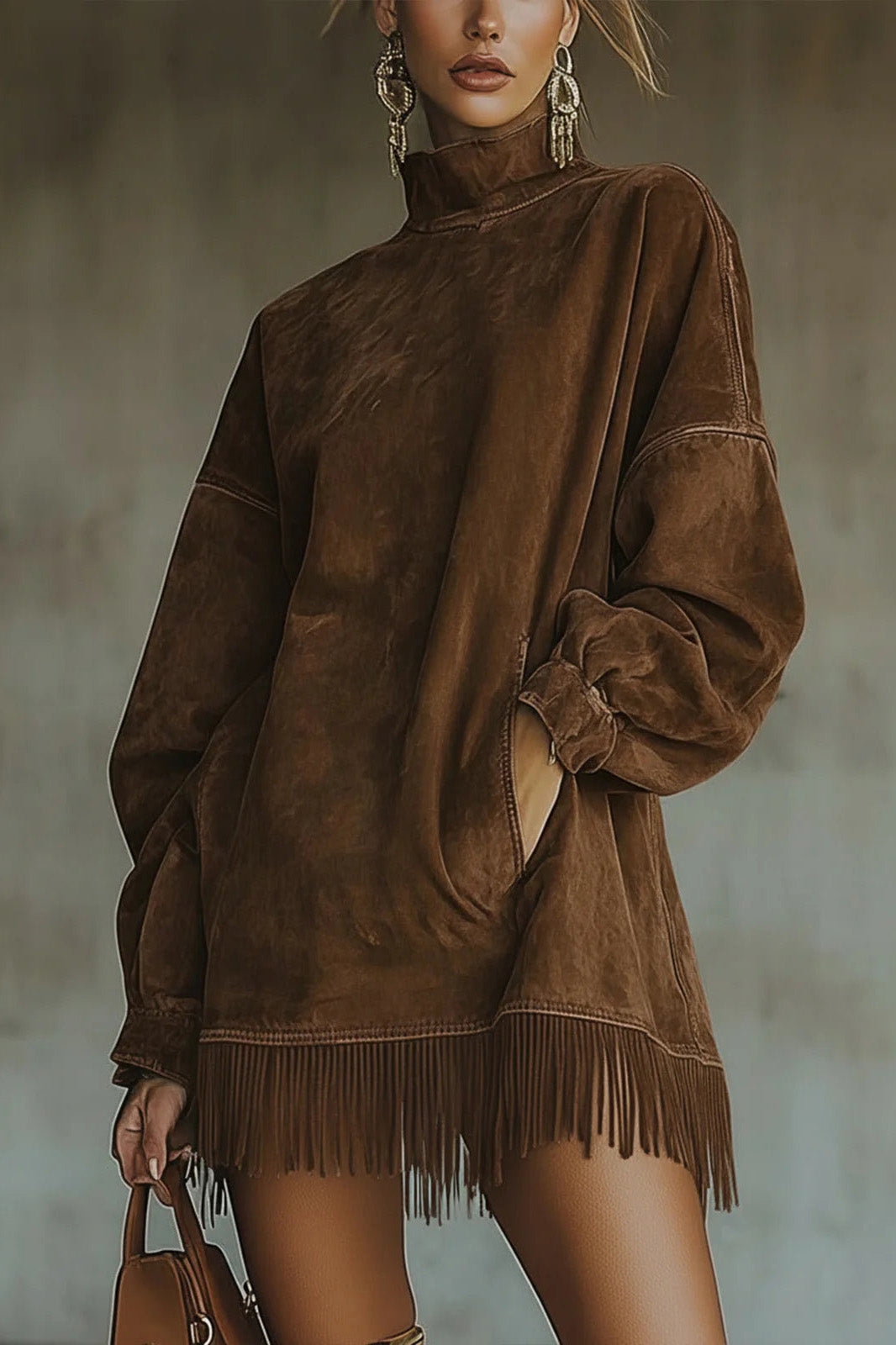 Modern Faux Suede Turtleneck Dress With Fringe Hem