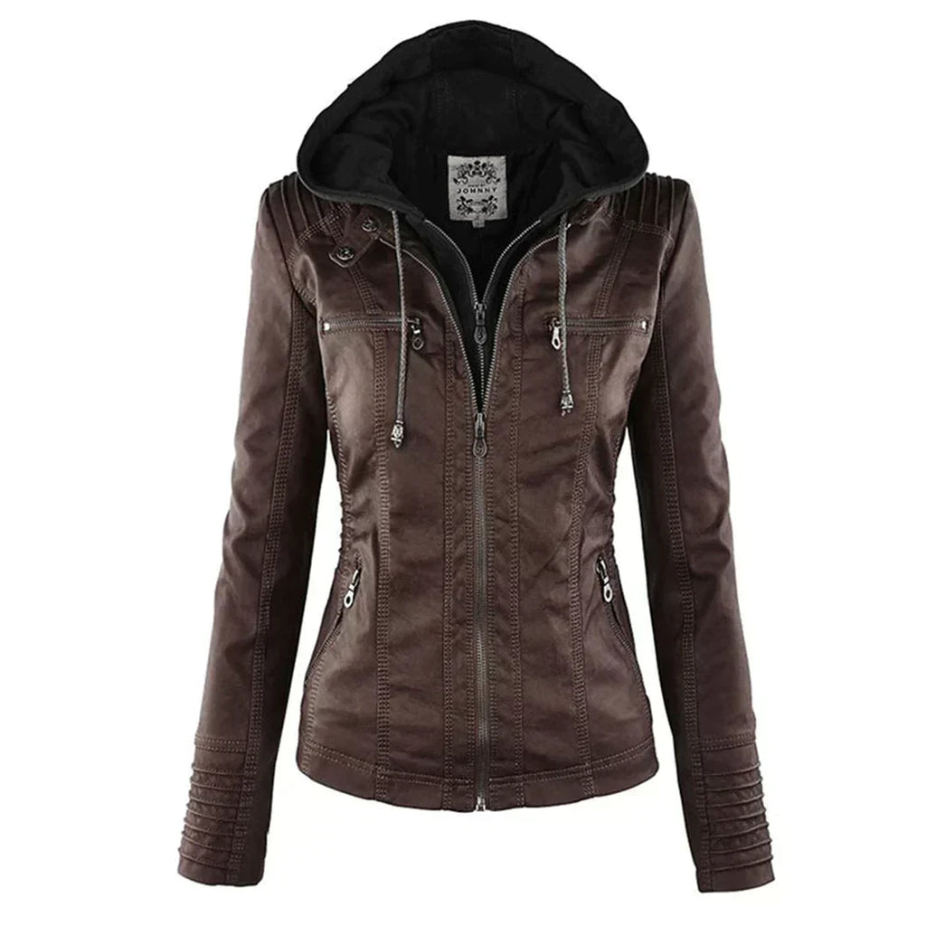 Elegant Leather Biker Jacket with Hood