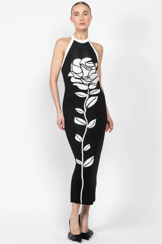Darlene Halter Flower Open Back Midi Knit Dress