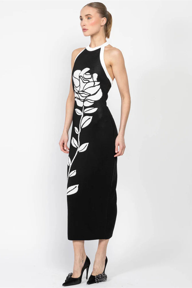 Darlene Halter Flower Open Back Midi Knit Dress