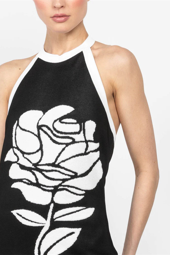 Darlene Halter Flower Open Back Midi Knit Dress