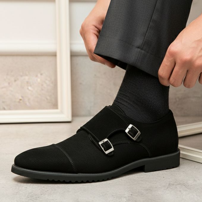 Suede Monk Strap Shoes with Double Buckle Strap