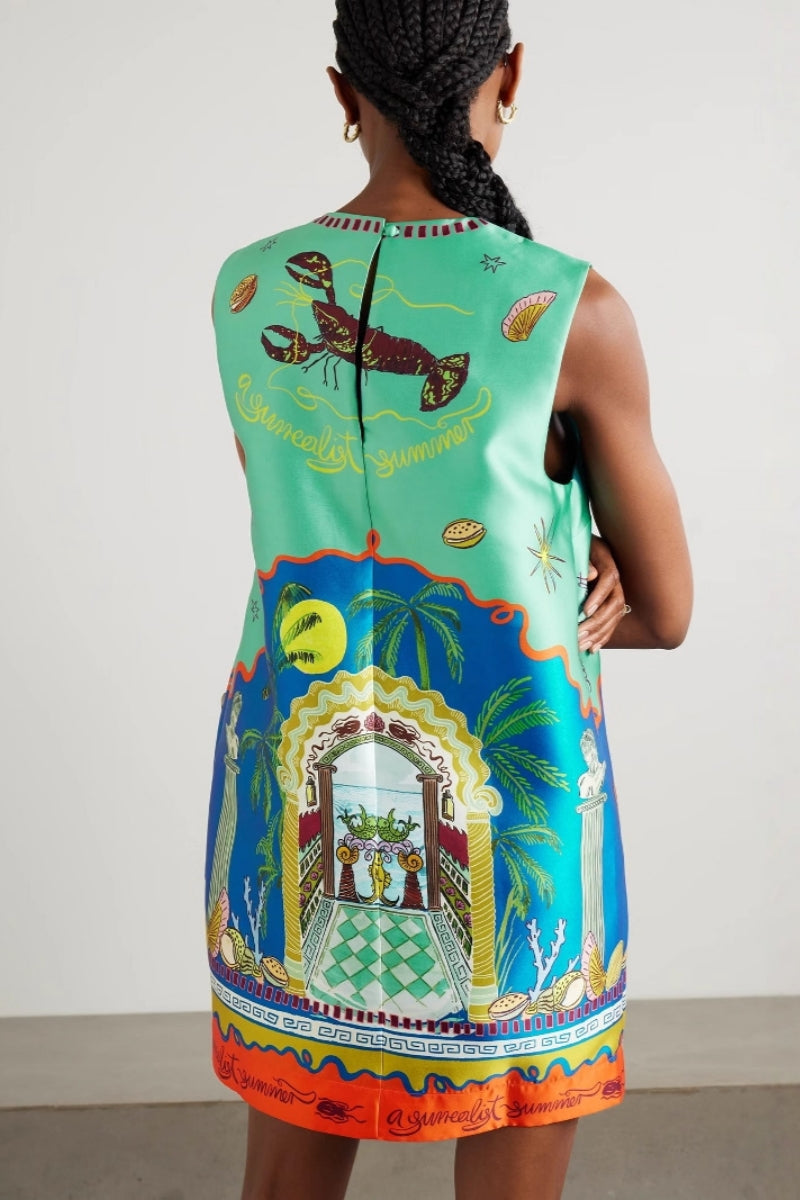 Modern Botanical Print Satin Dress