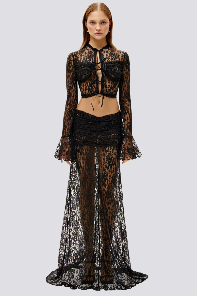Coordinated Calixte Long Sleeve Lace Ruched Skirt Set In Black