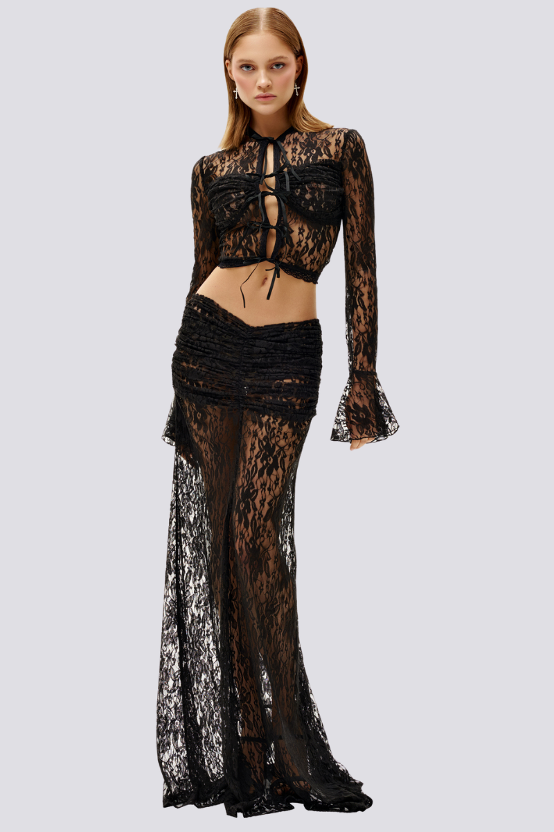 Coordinated Calixte Long Sleeve Lace Ruched Skirt Set In Black