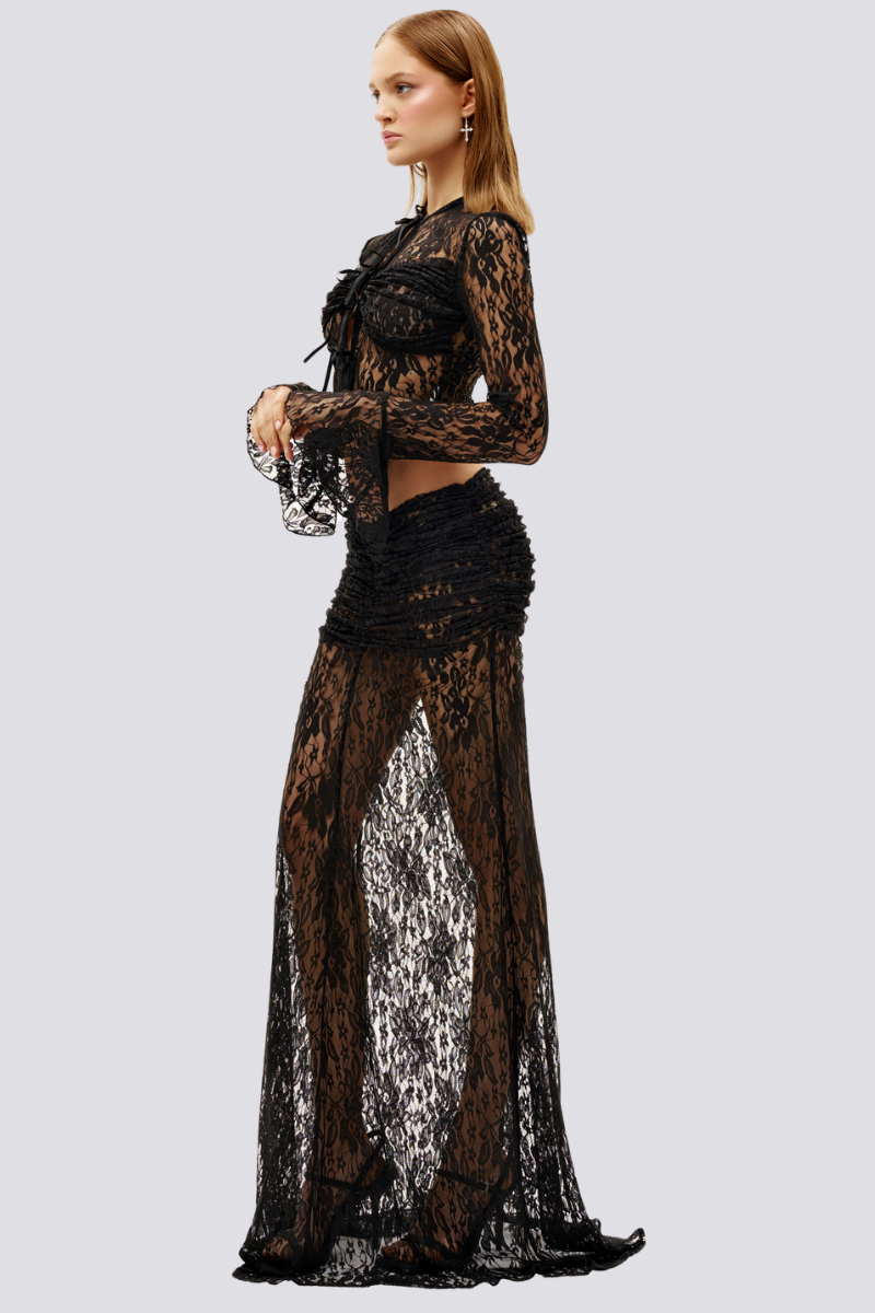 Coordinated Calixte Long Sleeve Lace Ruched Skirt Set In Black