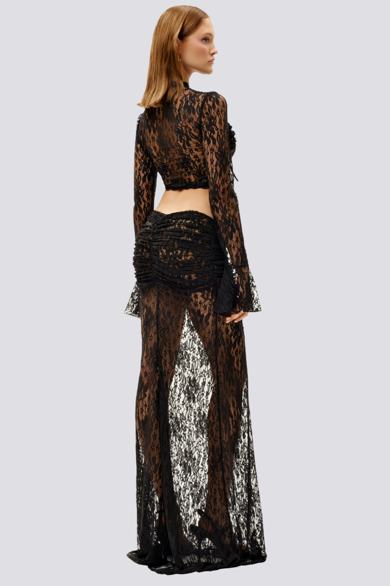 Coordinated Calixte Long Sleeve Lace Ruched Skirt Set In Black