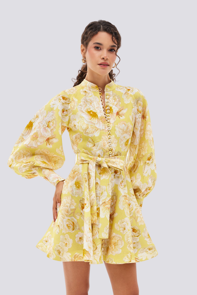 Cassiopee Balloon Sleeve Flower Mini-Length Dress
