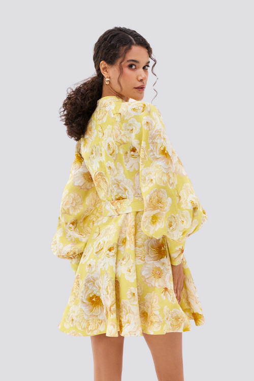 Cassiopee Balloon Sleeve Flower Mini-Length Dress