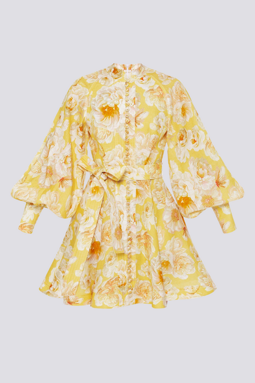 Cassiopee Balloon Sleeve Flower Mini-Length Dress