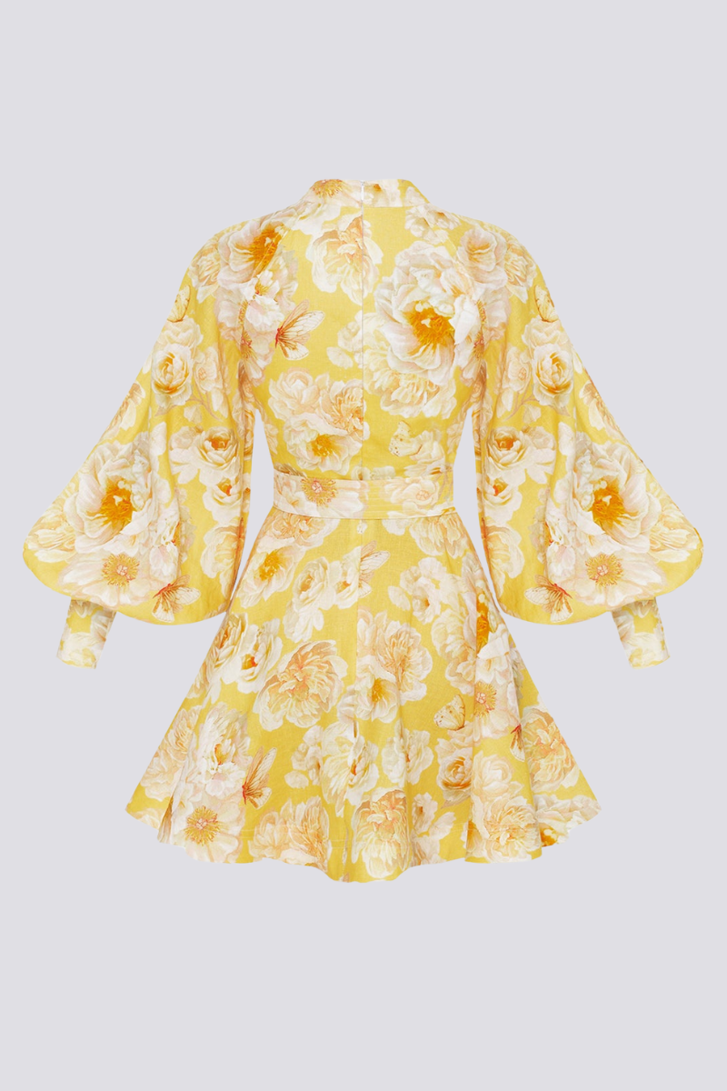 Cassiopee Balloon Sleeve Flower Mini-Length Dress