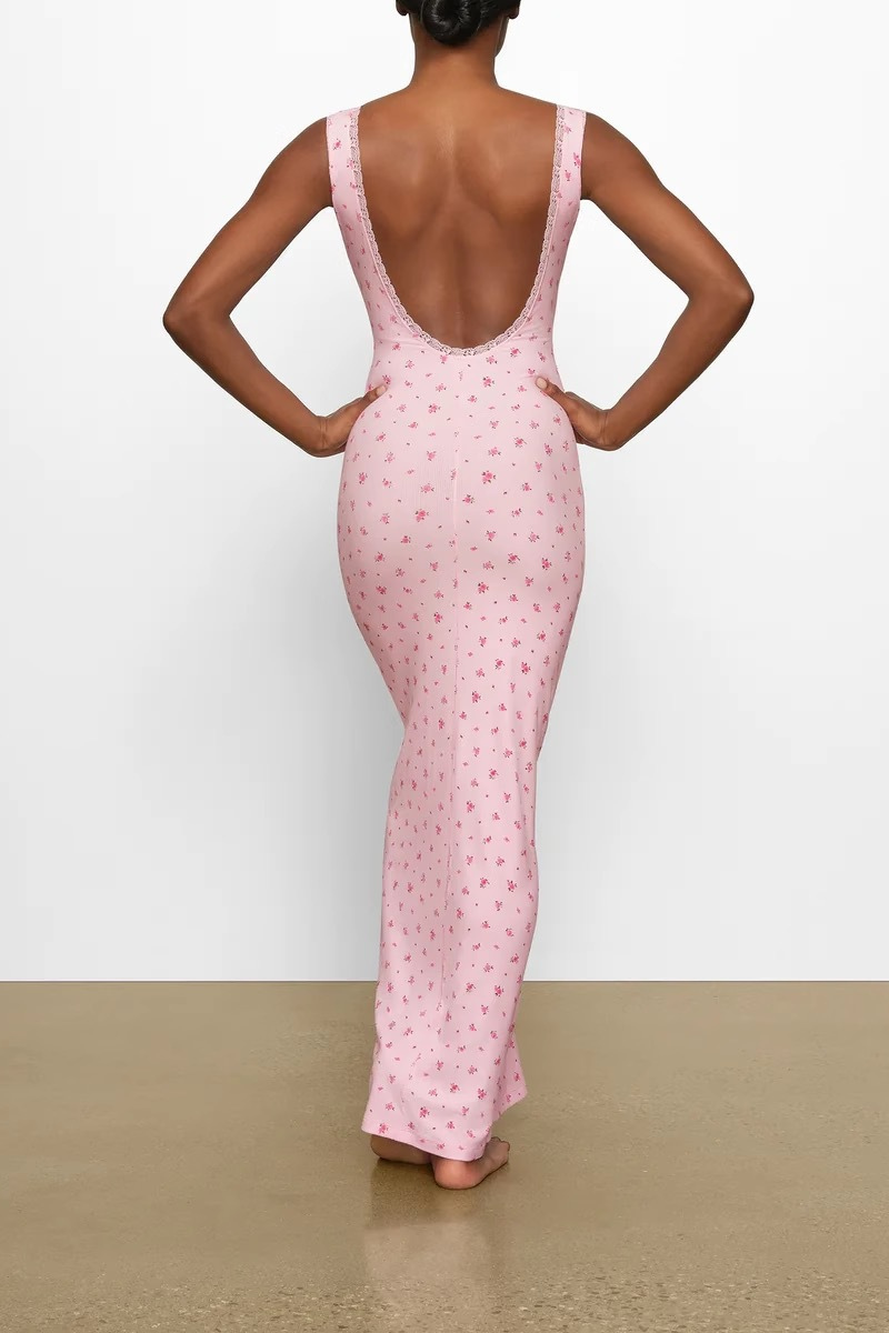 Cerise Flower Open-Back Maxi-Length Dress