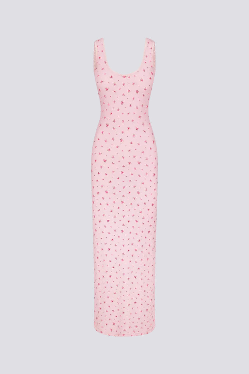 Cerise Flower Open-Back Maxi-Length Dress