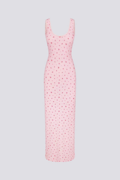 Cerise Flower Open-Back Maxi-Length Dress