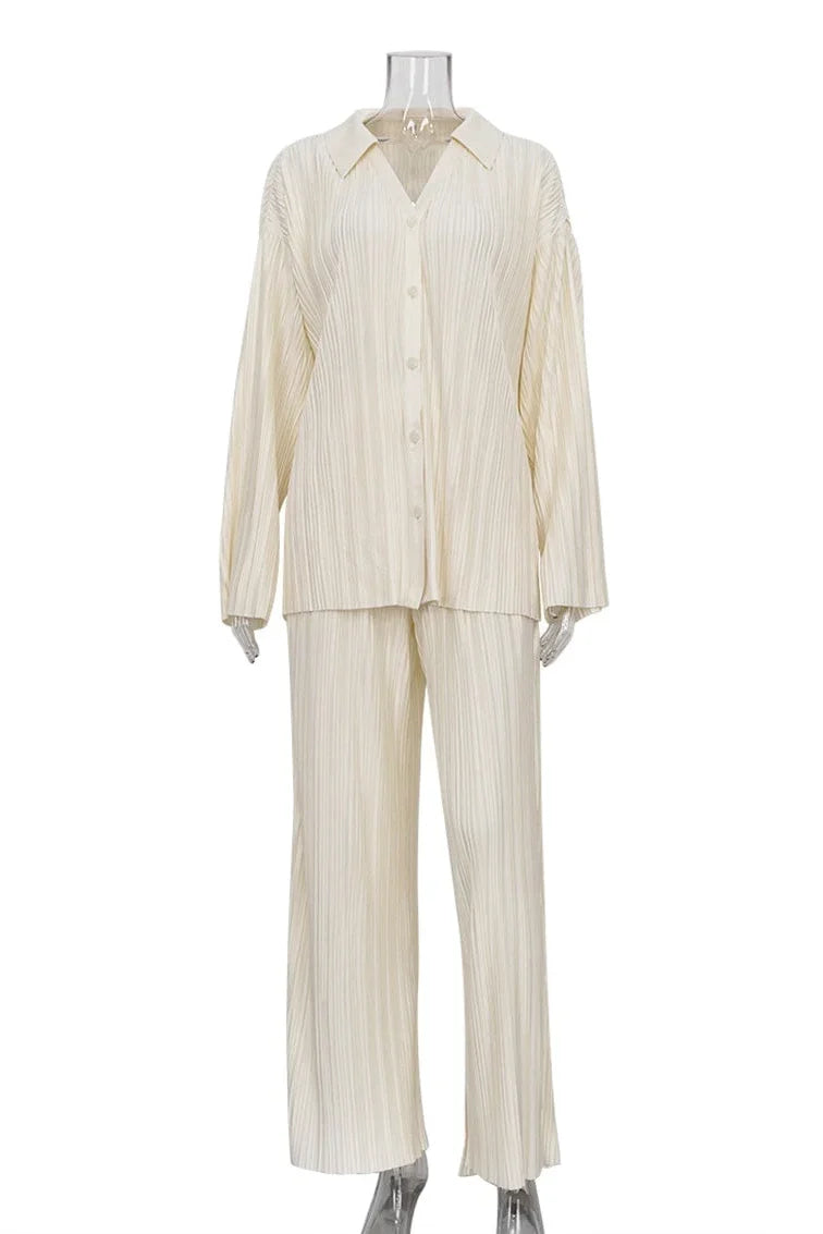 Solid Pleated Long Sleeve Trousers Set