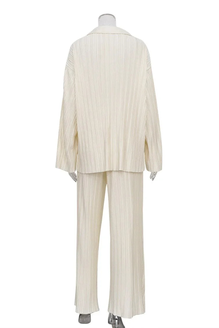 Solid Pleated Long Sleeve Trousers Set