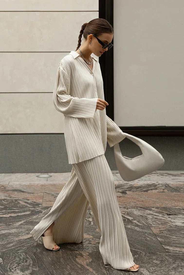 Solid Pleated Long Sleeve Trousers Set