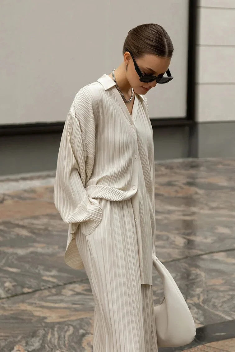 Solid Pleated Long Sleeve Trousers Set