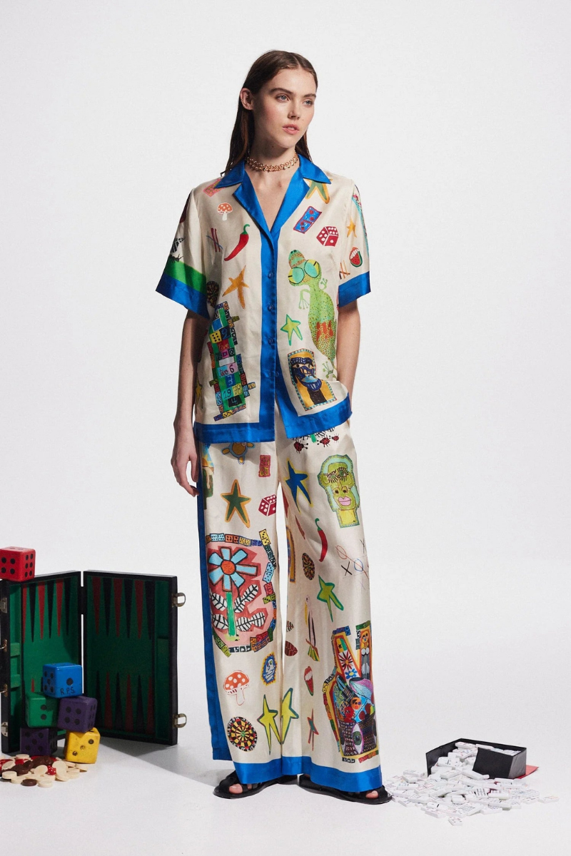 Clarette V-Neck Patchwork Trousers Set