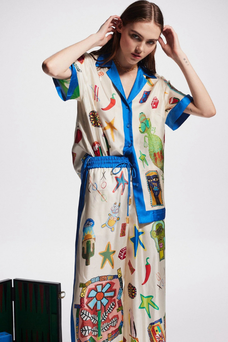 Clarette V-Neck Patchwork Trousers Set
