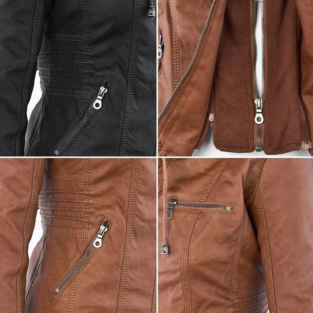 Elegant Leather Biker Jacket with Hood