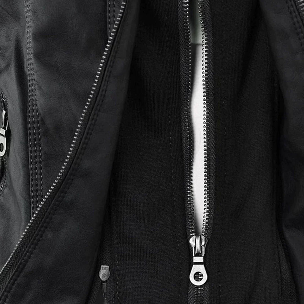 Elegant Leather Biker Jacket with Hood