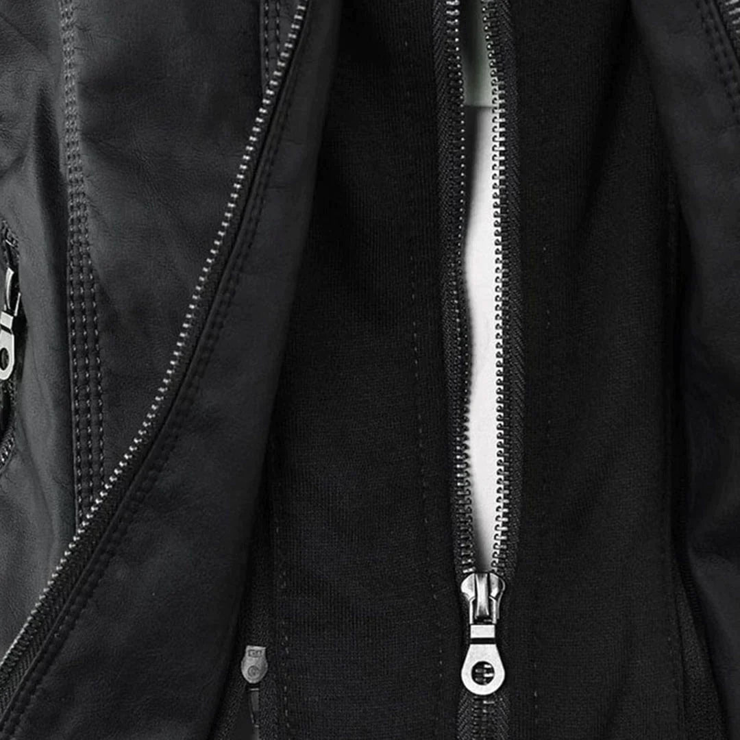 Elegant Leather Biker Jacket with Hood