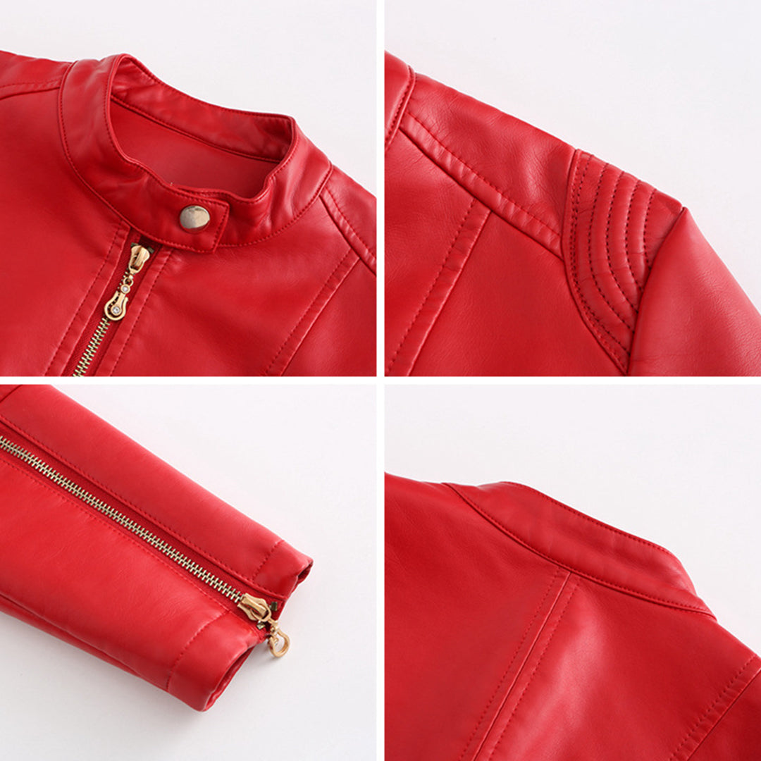 Elegant Leather Jacket with Crew Neck and Button Closure