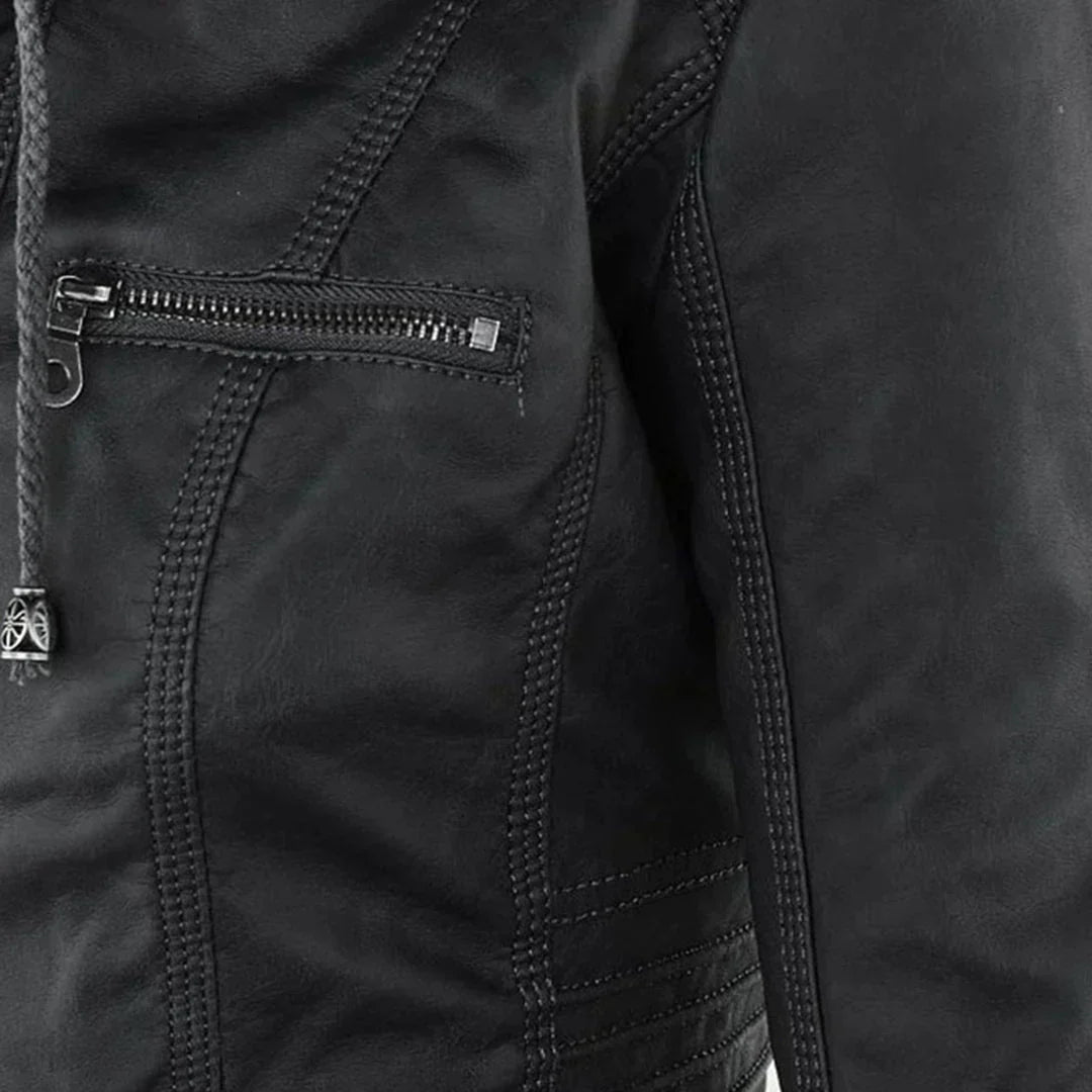 Elegant Leather Biker Jacket with Hood