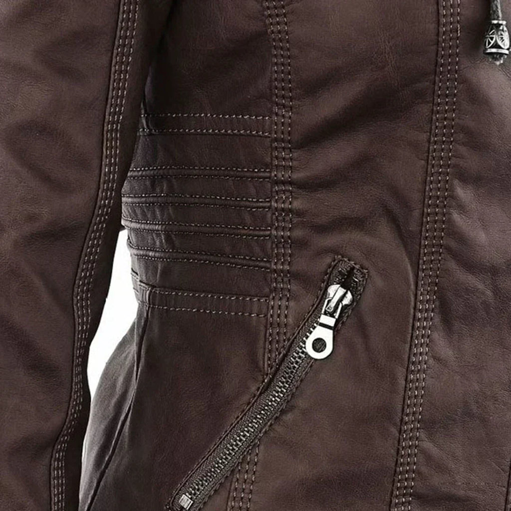 Elegant Leather Biker Jacket with Hood