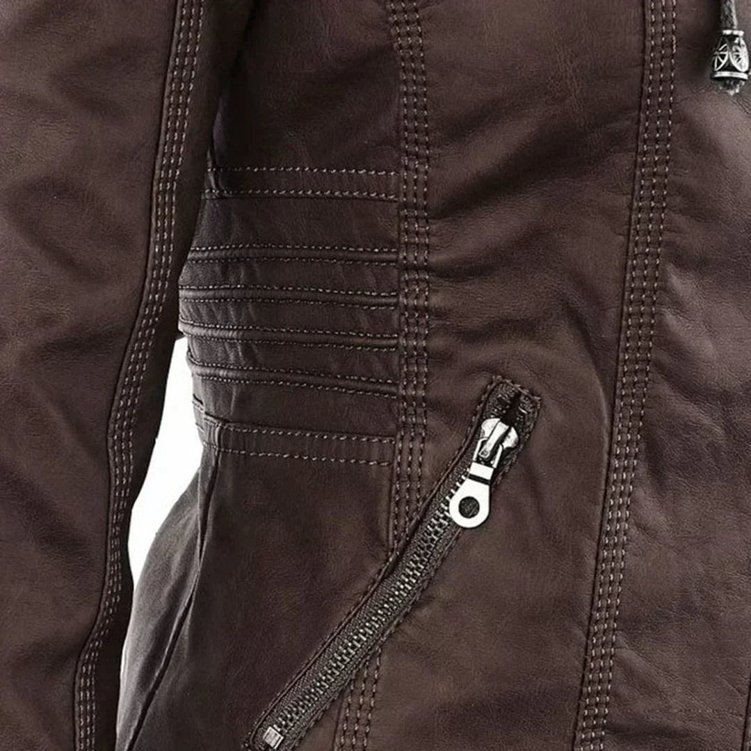 Elegant Leather Biker Jacket with Hood