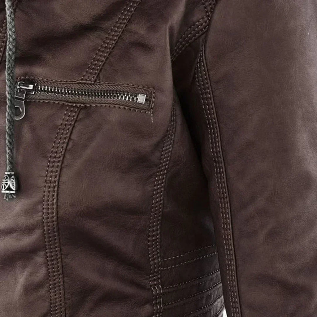 Elegant Leather Biker Jacket with Hood