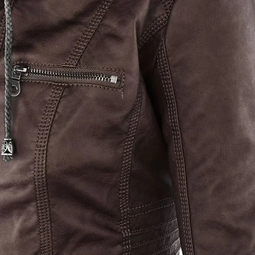 Elegant Leather Biker Jacket with Hood