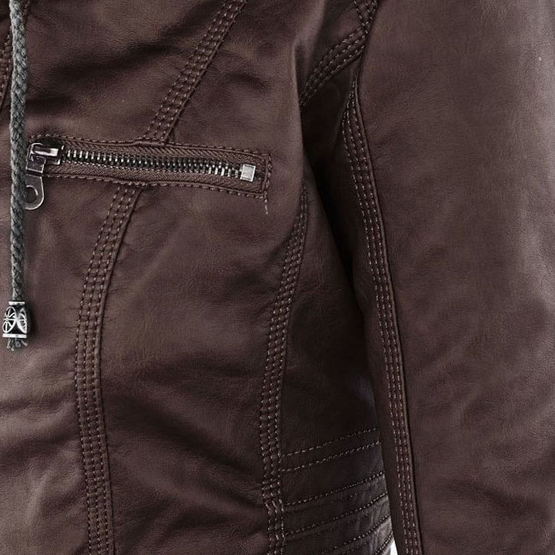 Weatherproof Leather Jacket with Hood