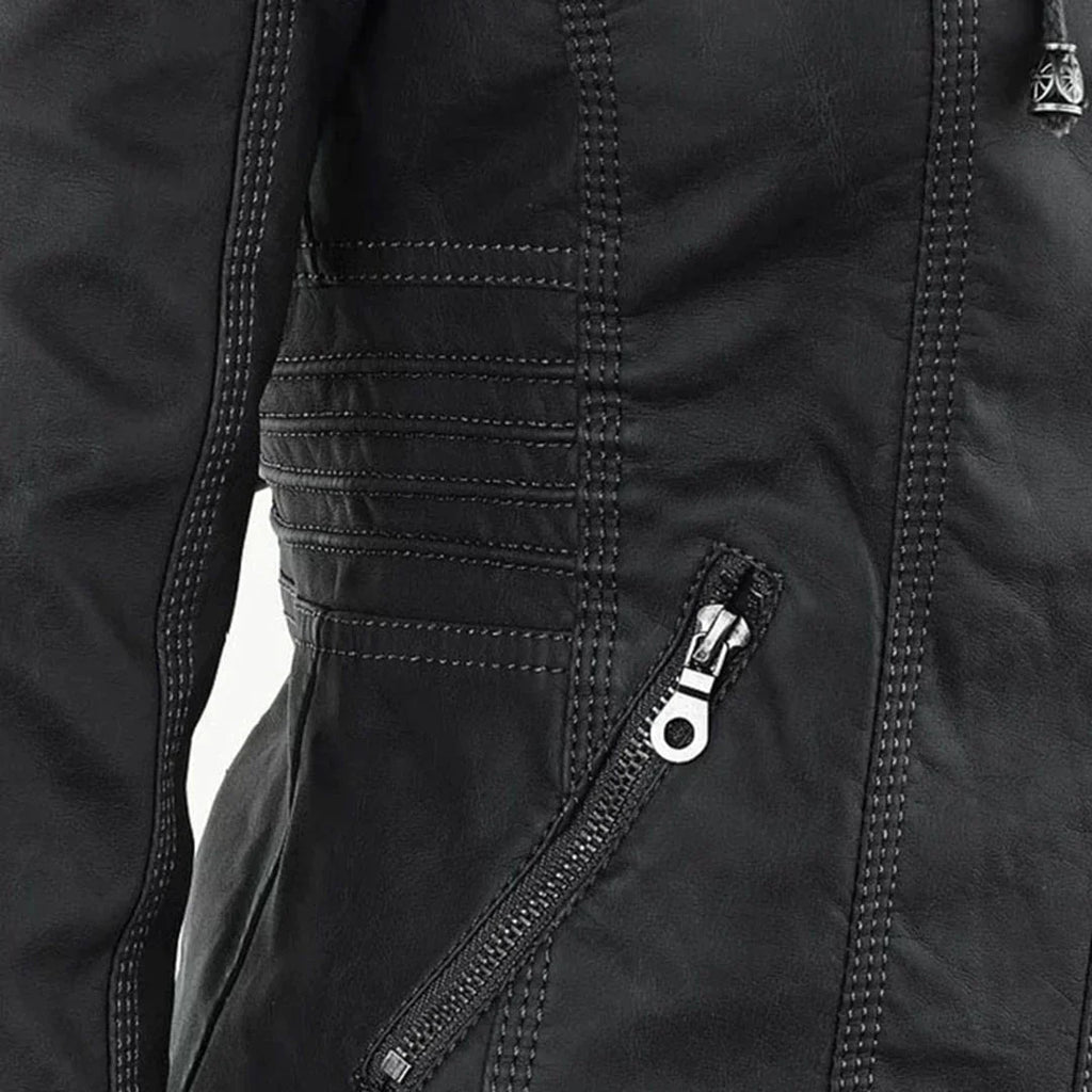 Elegant Leather Biker Jacket with Hood