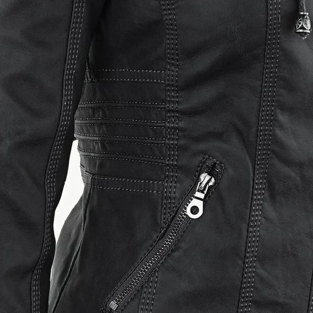 Elegant Leather Biker Jacket with Hood