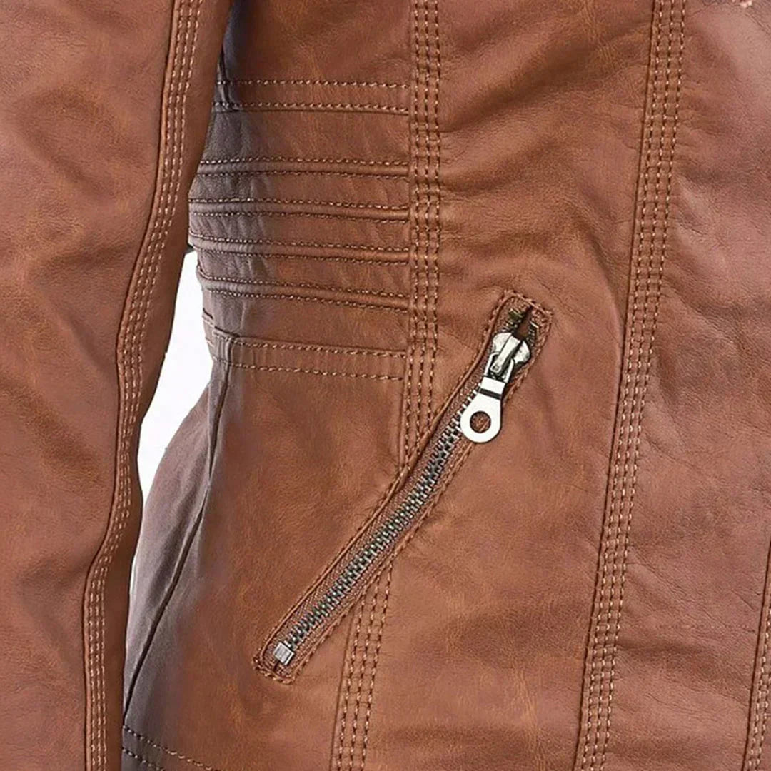 Elegant Leather Biker Jacket with Hood