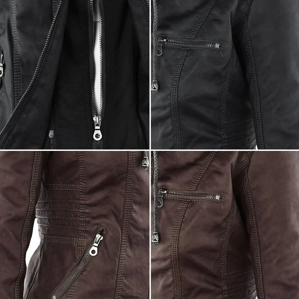 Elegant Leather Biker Jacket with Hood