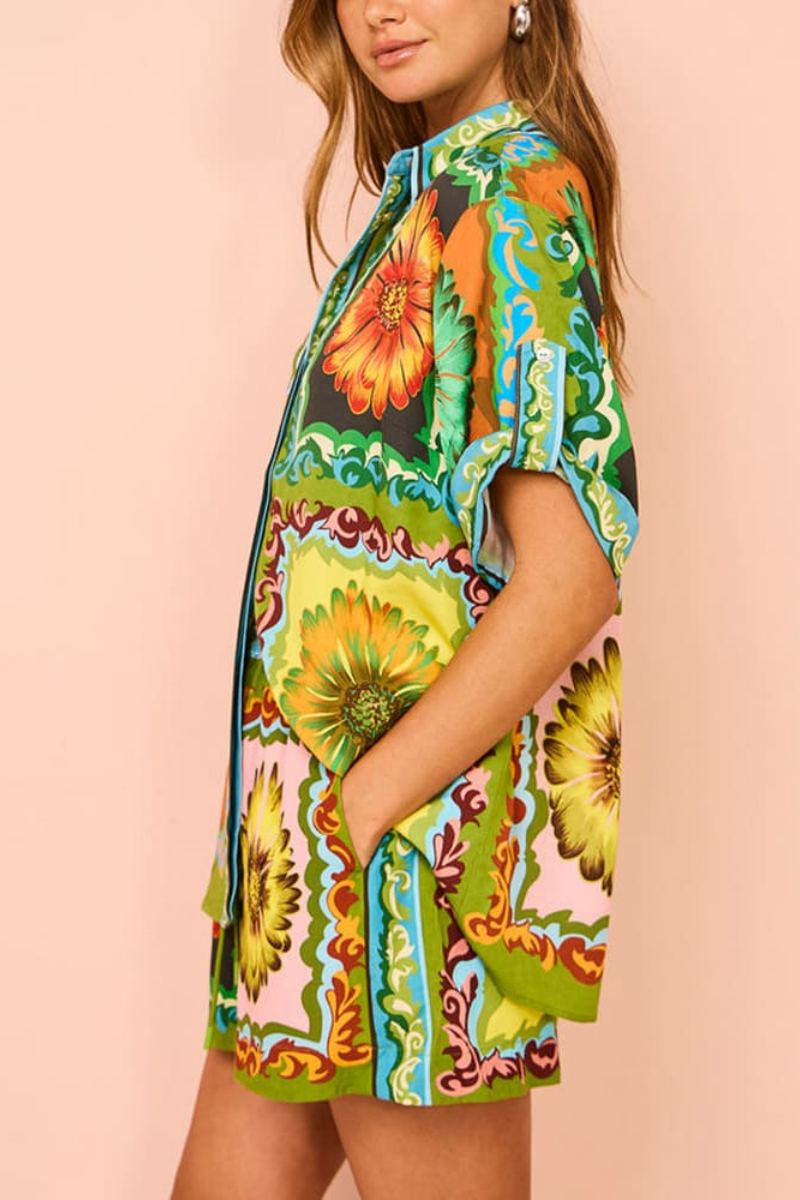 Coordinated Special Sunflower Print Elastic Waist Shorts-Set