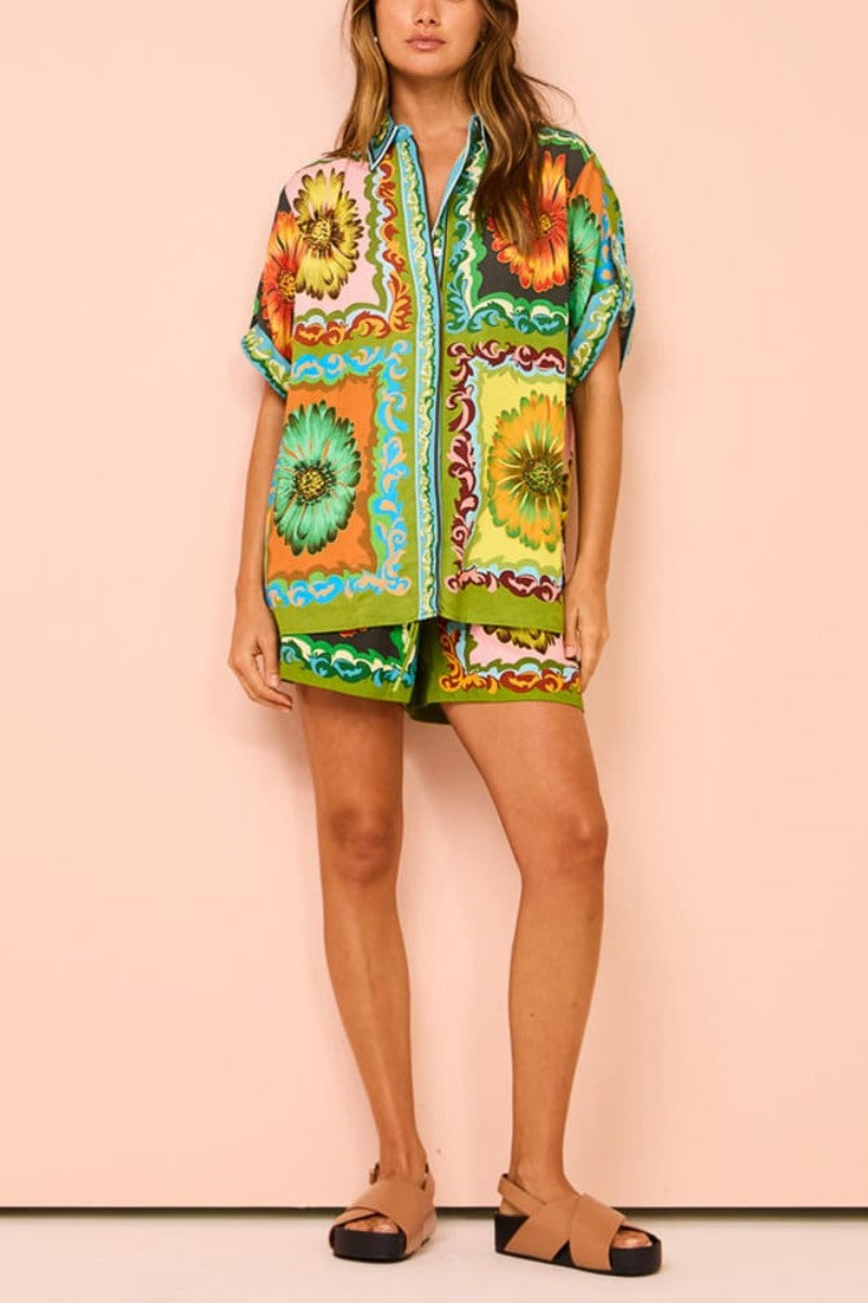 Coordinated Special Sunflower Print Elastic Waist Shorts-Set
